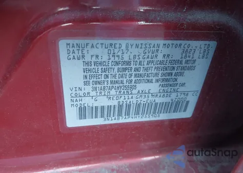 2017 Nissan Sentra Sv z USA, uszkodzony, nr VIN 3N1AB7AP4HY255905